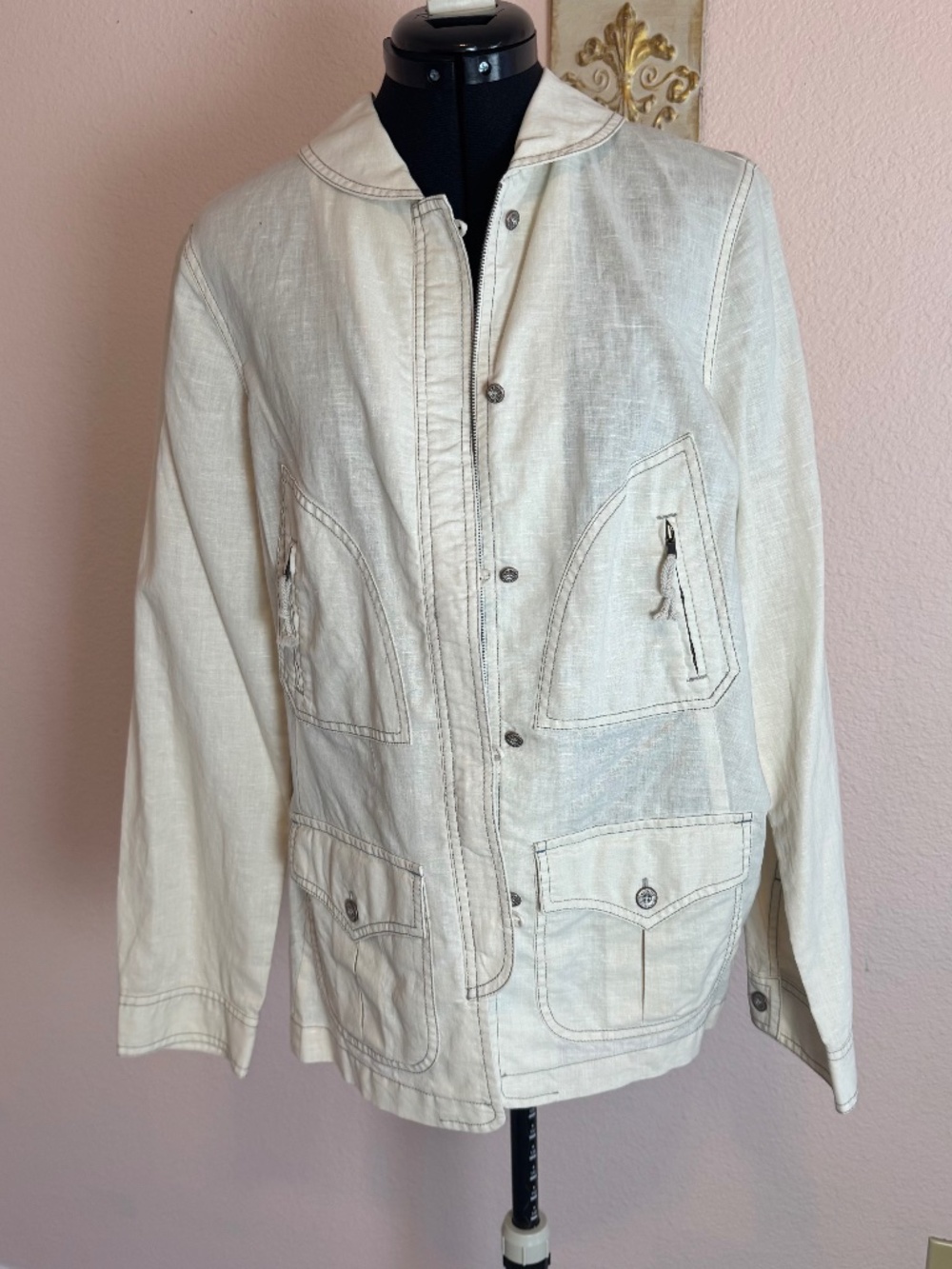 Capsule Minimalist Linen Blend Field Chore Jacket NWT So Blue Large Ecru